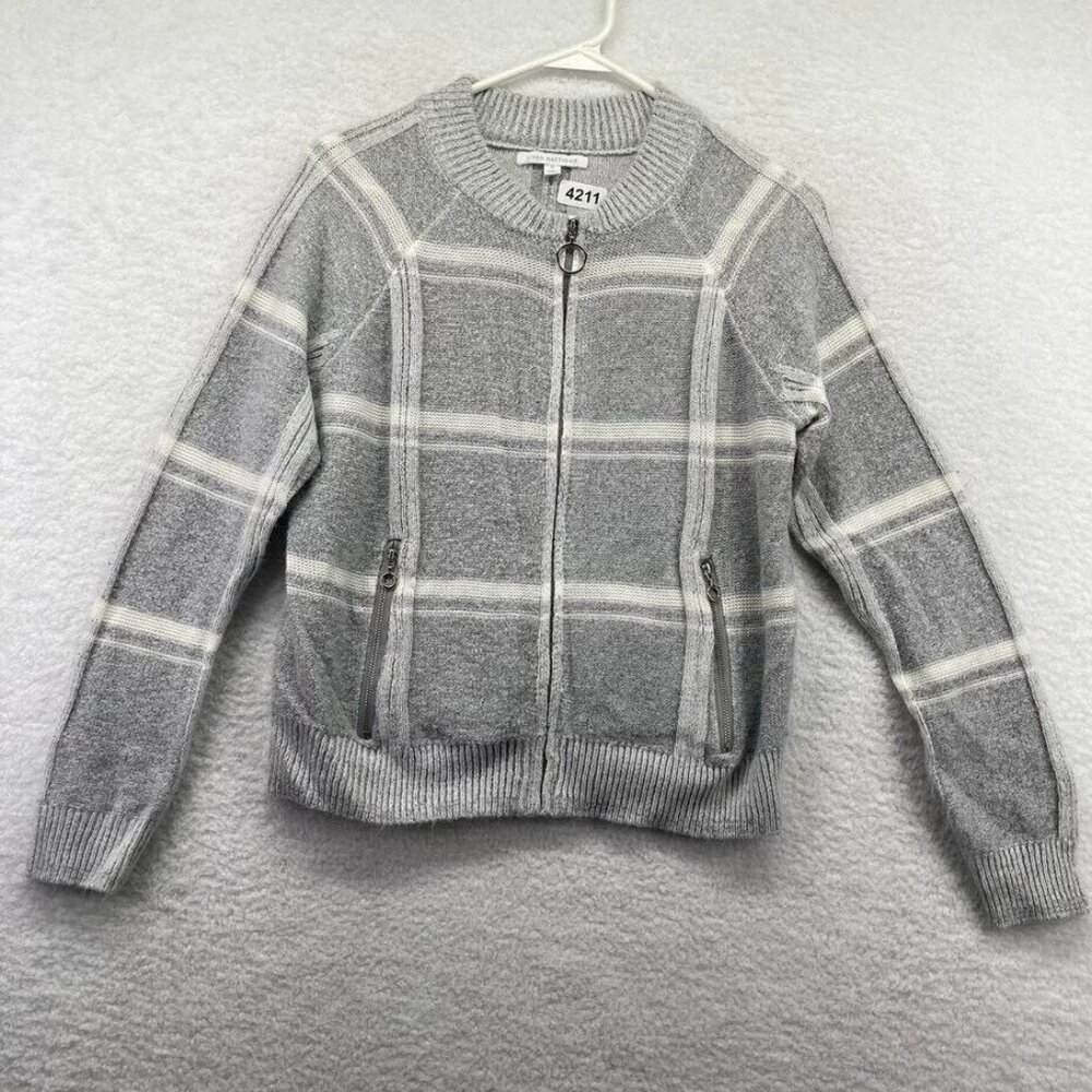 Linda Mathews Womens Front Zip  Cardigan Size Small‎ Gray White Check Pockets